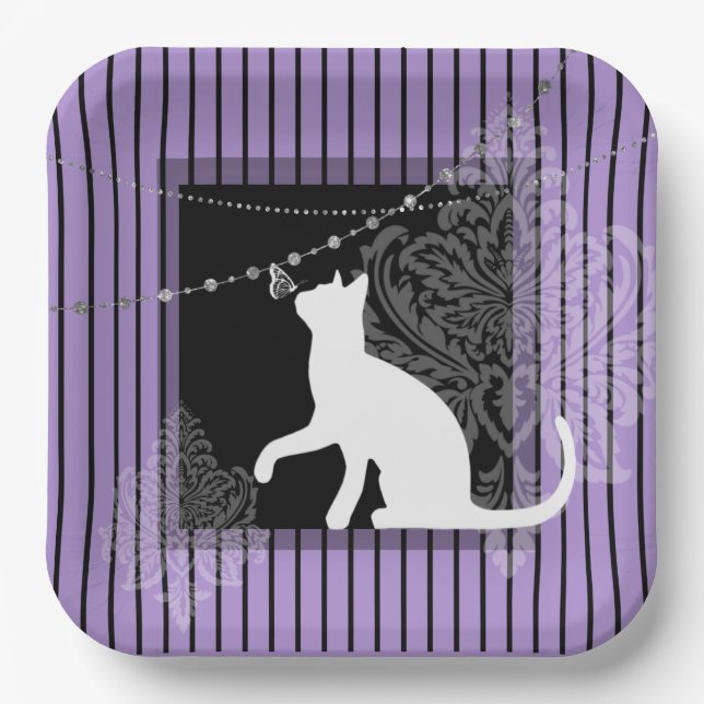 Purple black stripes, and white cat  paper plate (Front)