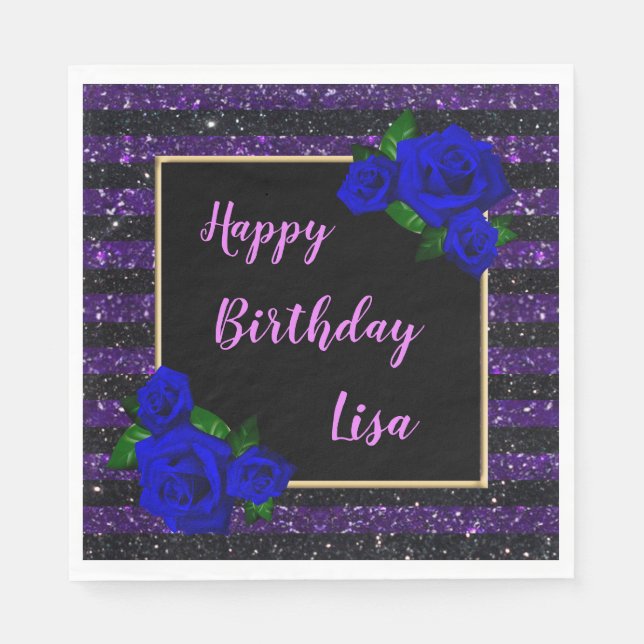 Purple Black Stripes Glitter Deep Blue Roses Napkin (Front)
