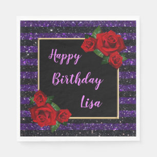 Purple Black Stripes Glitter Red Roses Birthday Napkin