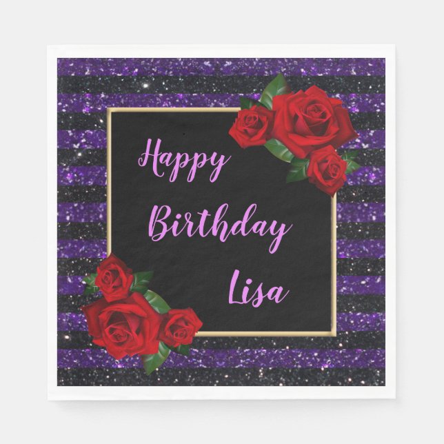 Purple Black Stripes Glitter Red Roses Birthday Napkin (Front)