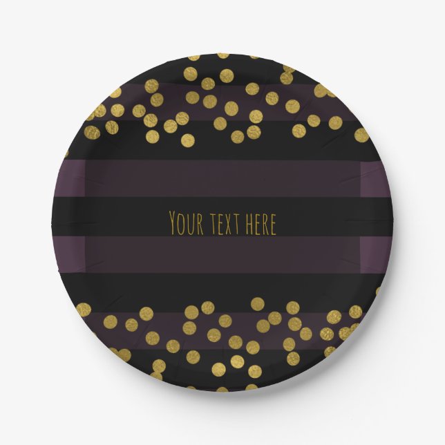 Purple & Black Stripes Gold Faux Foil Dots Paper Plate (Front)