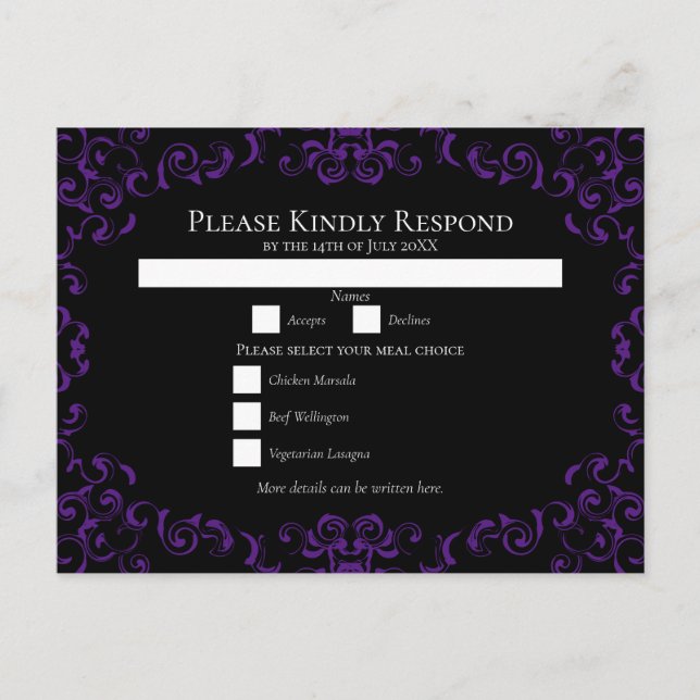 Purple & Black Swirl Gothic Wedding Holiday Postcard (Front)
