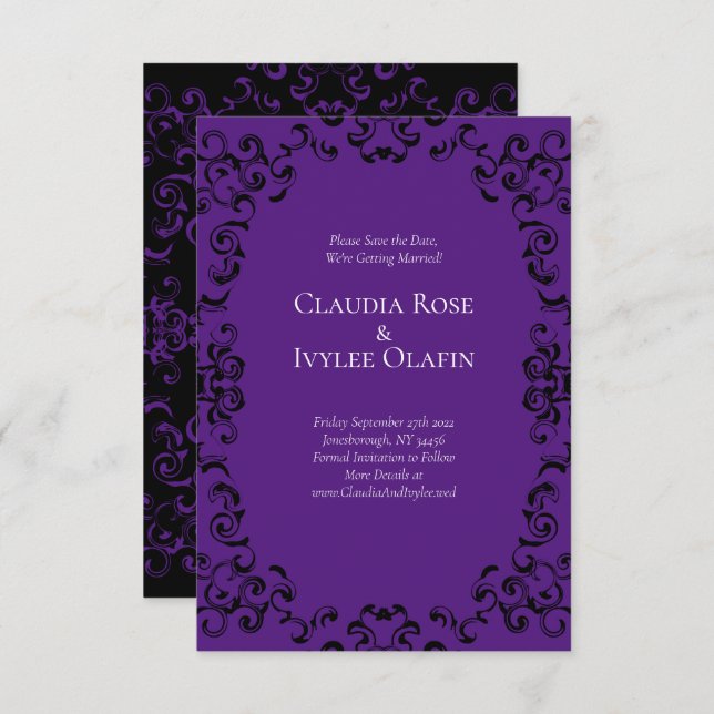 Purple & Black Swirl Gothic Wedding Invitation (Front/Back)