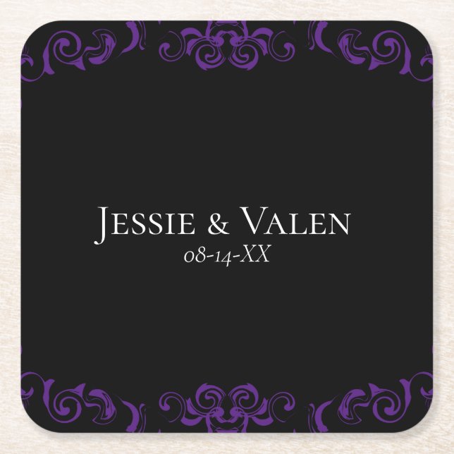 Purple & Black Swirl Gothic Wedding Square Paper Coaster (Front)
