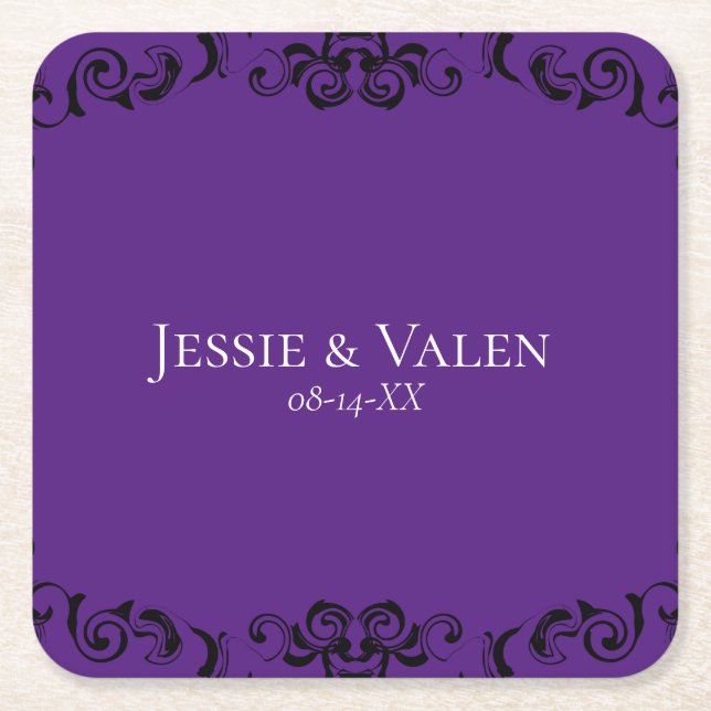 Purple & Black Swirl Gothic Wedding Square Paper Coaster (Front)