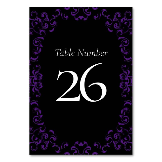 Purple Black Swirl Gothic Wedding Table Number (Back)