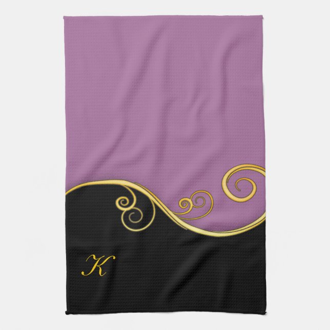 Purple-black Swirl with Initial(s) Kitchen Towel (Vertical)