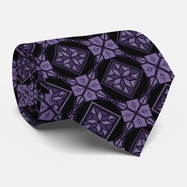 Purple & Black Tatreez Henna Thobe Pattern Tie (Rolled)