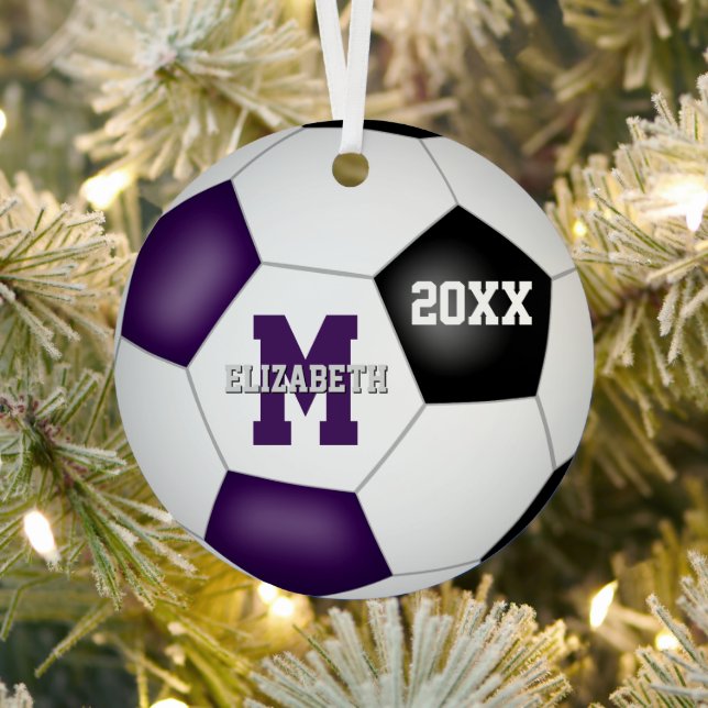 purple black team colours keepsake soccer metal ornament (Insitu)
