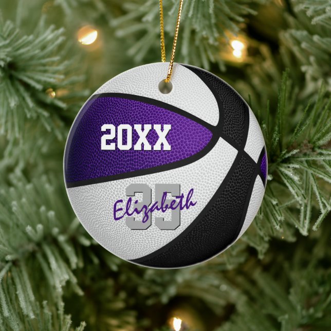 purple black team colours kids teens basketball ceramic ornament (Tree)