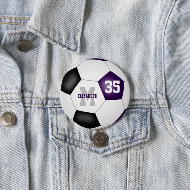 purple black team colours soccer personalized 3 inch round button (In Situ)