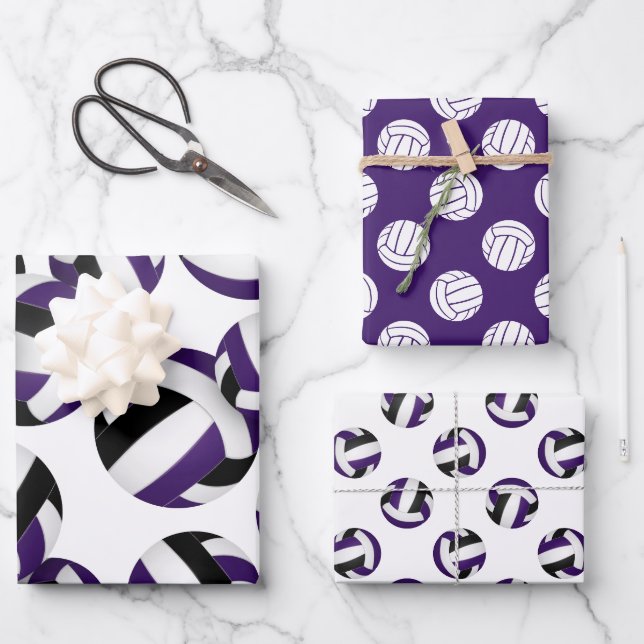purple black team colours volleyballs set of 3 wrapping paper sheet (Front)