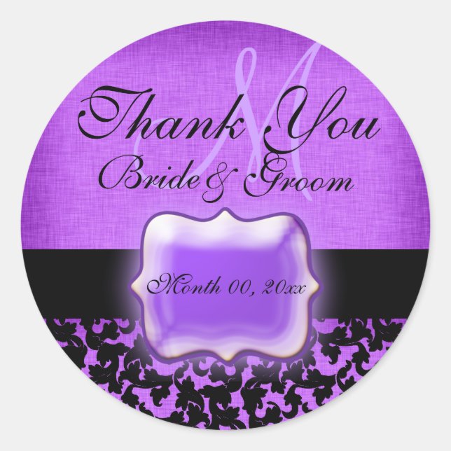 Purple black "thank you" wedding damask classic round sticker (Front)