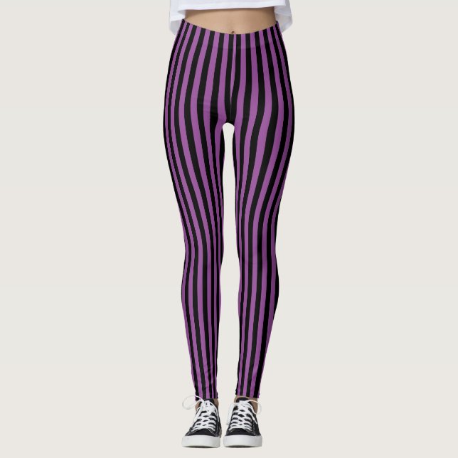 Purple Black Vertical Stripe Halloween Leggings (Front)