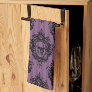 Purple & Black Victorian Skulls Pattern Halloween Kitchen Towel