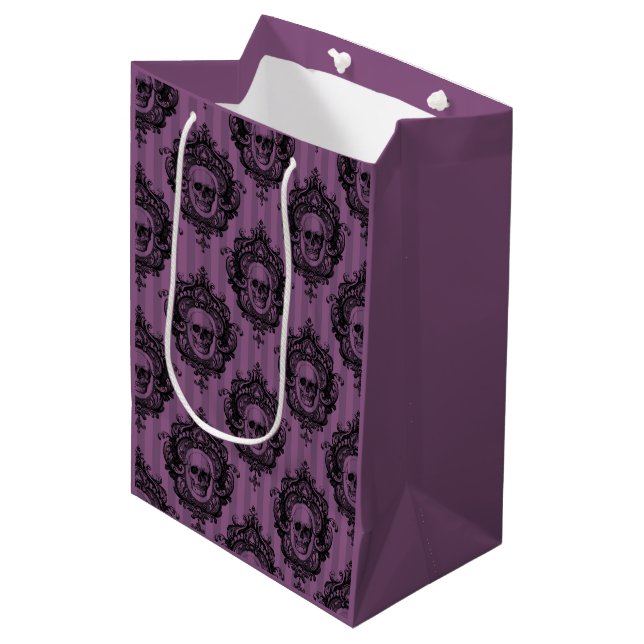 Purple & Black Victorian Skulls Pattern Halloween Medium Gift Bag (Front Angled)