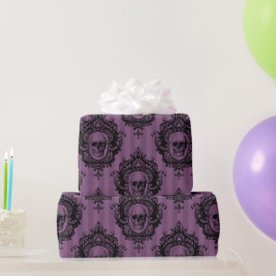 Purple & Black Victorian Skulls Pattern Halloween Wrapping Paper
