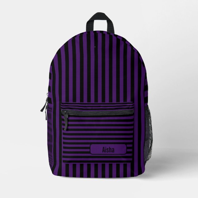 Purple Black Vintage Striped Name Printed Backpack (Front)