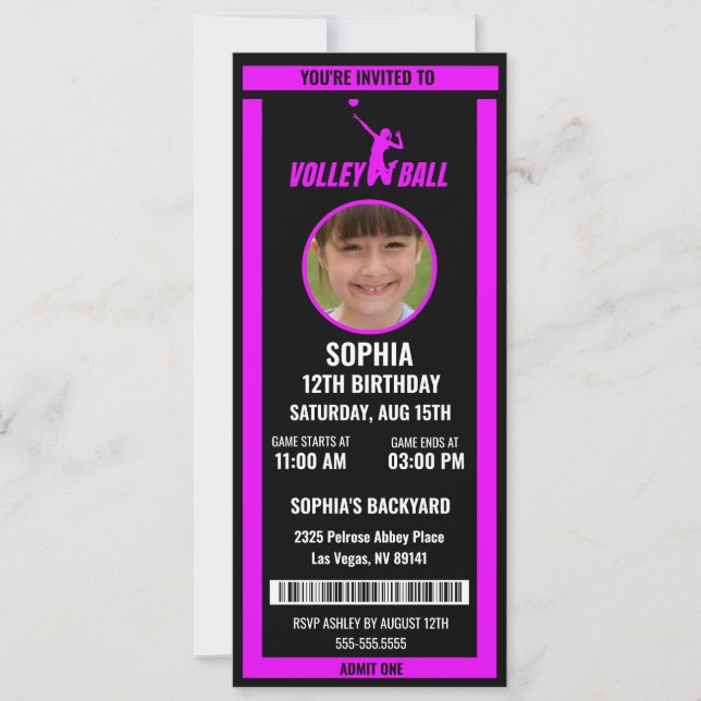 Purple Black Volleyball Ticket Birthday Photo Invitation (Front)