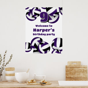 purple black volleyballs birthday party welcome poster