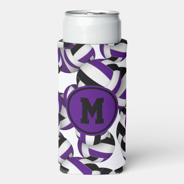Purple black volleyballs pattern w player monogram seltzer can cooler (Seltzer Front)