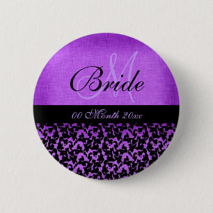 Purple black wedding bride floral damask 2 inch round button