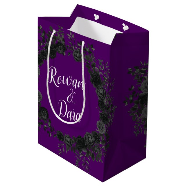 Purple Black Wedding Gothic Roses Medium Gift Bag (Back Angled)