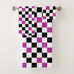 Purple Black White Chequered Pattern Design  Bath Towel Set