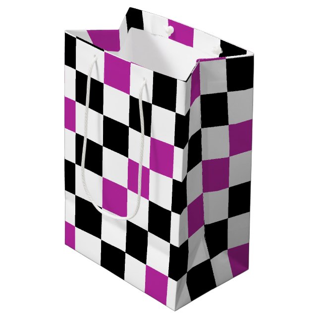 Purple Black White Chequered Pattern Design  Medium Gift Bag (Front Angled)