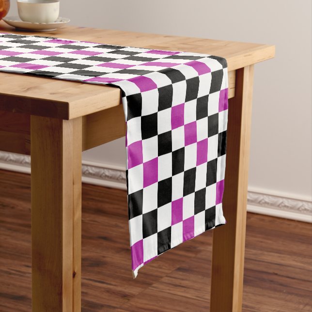 Purple Black White Chequered Pattern Design  Short Table Runner (In Situ)