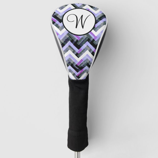 Purple Black White Chevron Textured Monogram Golf Head Cover (Front)