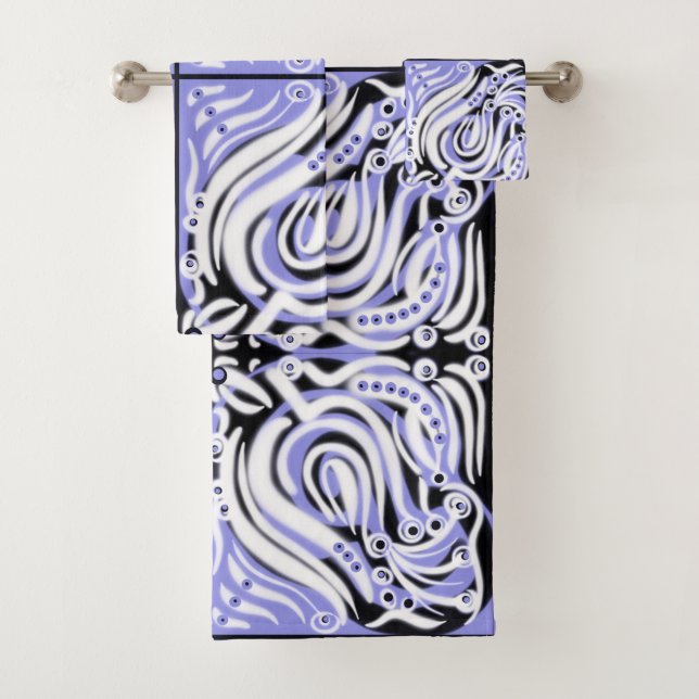 Purple Black White Curly Abstract Pattern  Bath Towel Set (Insitu)