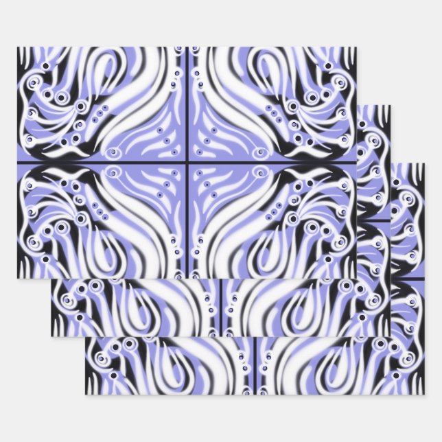 Purple Black White Curly Abstract Pattern  Wrapping Paper Sheet (Set)