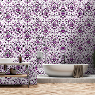 Purple Black White Damask Floral peel and stick Wallpaper