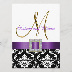 Purple Black White Damask Initial Wedding Invite