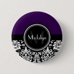 Purple Black White Damask Monogram Letter 2 Inch Round Button