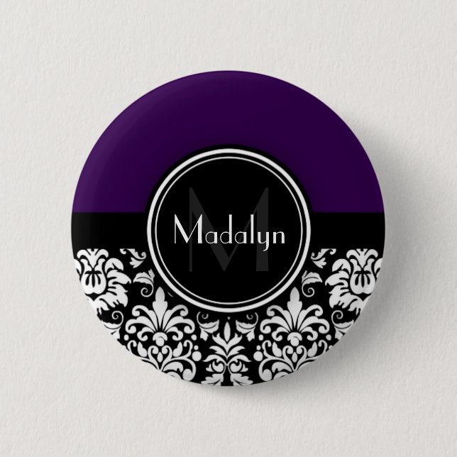 Purple Black White Damask Monogram Letter 2 Inch Round Button (Front)