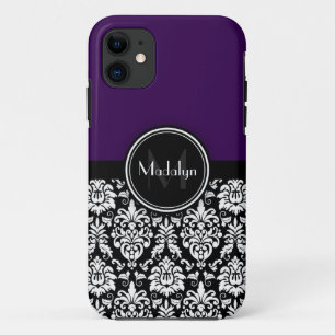 Purple Black White Damask Monogram Letter iPhone 11 Case