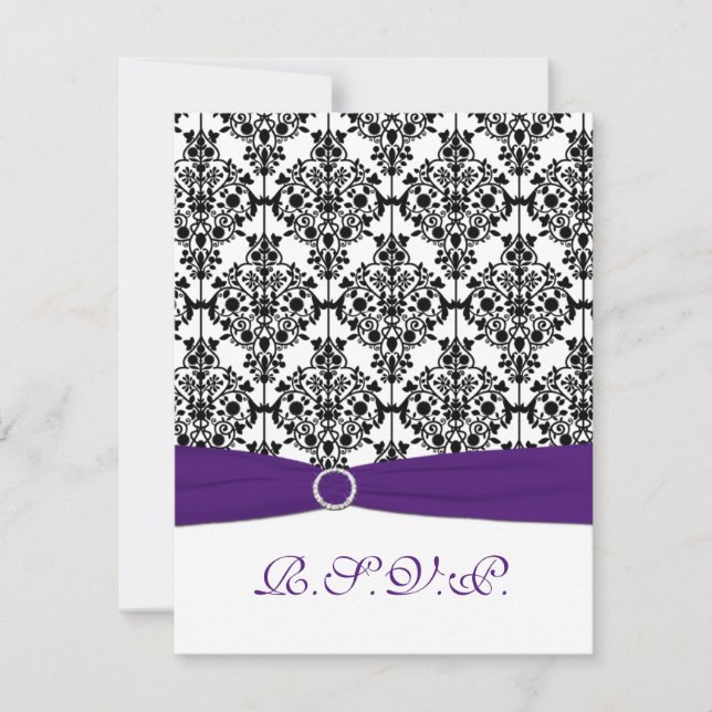 Purple, Black, White Damask RSVP Card (Front)