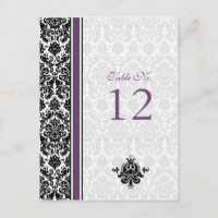 Purple, Black, White Damask Table Number Card