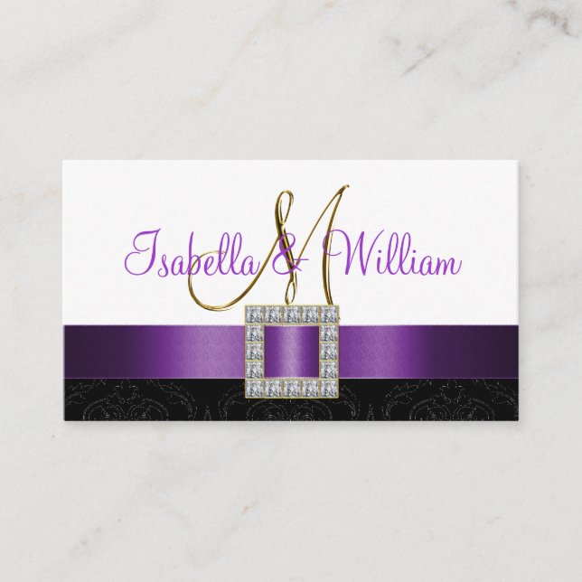 Purple Black White Damask Wedding Place Card (Front)