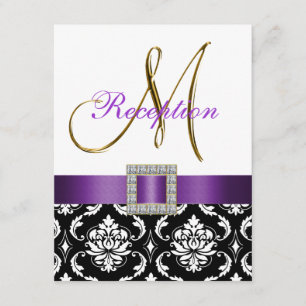 Purple Black White Damask Wedding Reception Card