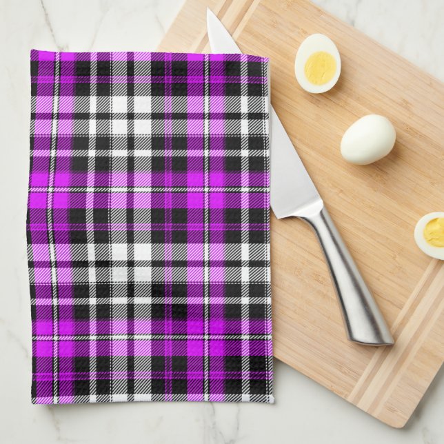 Purple Black White Plaid Tartan Pattern Design  Kitchen Towel (Quarter Fold)