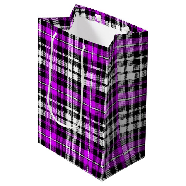 Purple Black White Plaid Tartan Pattern Design  Medium Gift Bag (Front Angled)