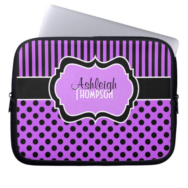 Purple, Black, White, Polka Dot Laptop Sleeve (Front)