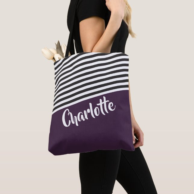 Purple Black White Striped Pattern Personalized Tote Bag (Close Up)