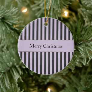 Purple Black White Stripes Christmas Ceramic Ornament