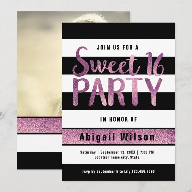 Purple black white sweet sixteen birthday party invitation (Front/Back)