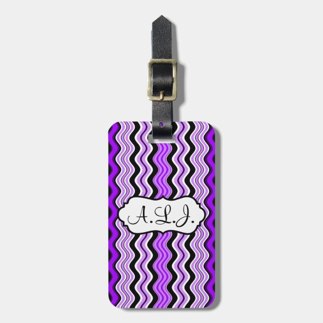 Purple, Black, White Wavy Stripes Luggage Tag (Front Vertical)