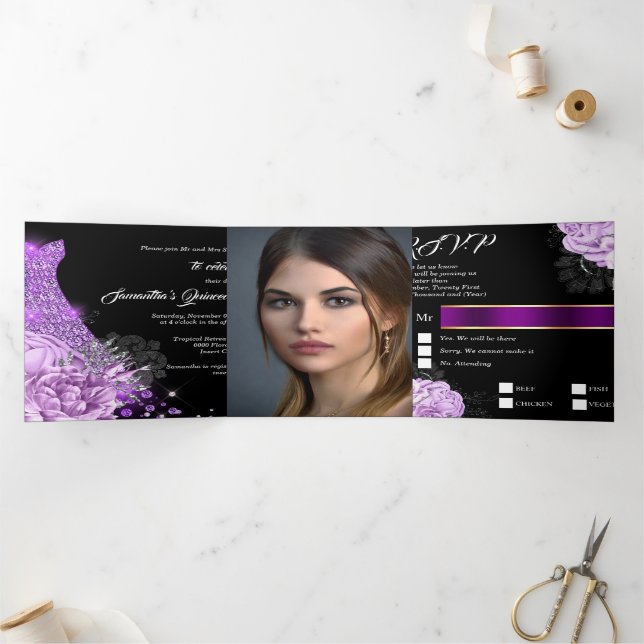 Purple black womans PHOTO rose glitter gown Tri-Fold Invitation (Inside)